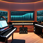 A composer's studio, a harmonious blend of traditional and futuristic elements. On one side, a grand piano and vintage microphone; on the other, multiple glowing computer screens displaying complex Digital Audio Workstation (DAW) interfaces and intricate sound waves. Streams of light representing streaming data and subtle, ethereal AI patterns weave through the room, symbolizing the dynamic, ever-evolving landscape of the music industry. The atmosphere should convey adaptability and new possibilities.