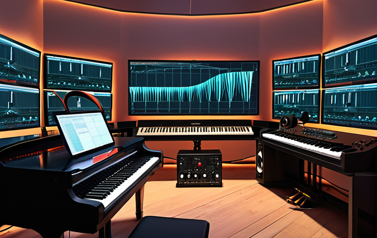 A composer's studio, a harmonious blend of traditional and futuristic elements. On one side, a grand piano and vintage microphone; on the other, multiple glowing computer screens displaying complex Digital Audio Workstation (DAW) interfaces and intricate sound waves. Streams of light representing streaming data and subtle, ethereal AI patterns weave through the room, symbolizing the dynamic, ever-evolving landscape of the music industry. The atmosphere should convey adaptability and new possibilities.