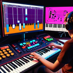 **Image Prompt:** A composer transitioning from orchestral scores to creating music for a vibrant, colorful video game scene. Show musical notes transforming into game sprites and controllers. Focus on a modern, digital workstation setup. Style: Bright, illustrative, with a touch of fantasy.