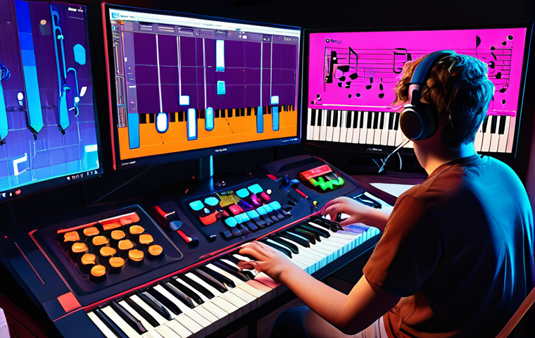 **Image Prompt:** A composer transitioning from orchestral scores to creating music for a vibrant, colorful video game scene. Show musical notes transforming into game sprites and controllers. Focus on a modern, digital workstation setup. Style: Bright, illustrative, with a touch of fantasy.