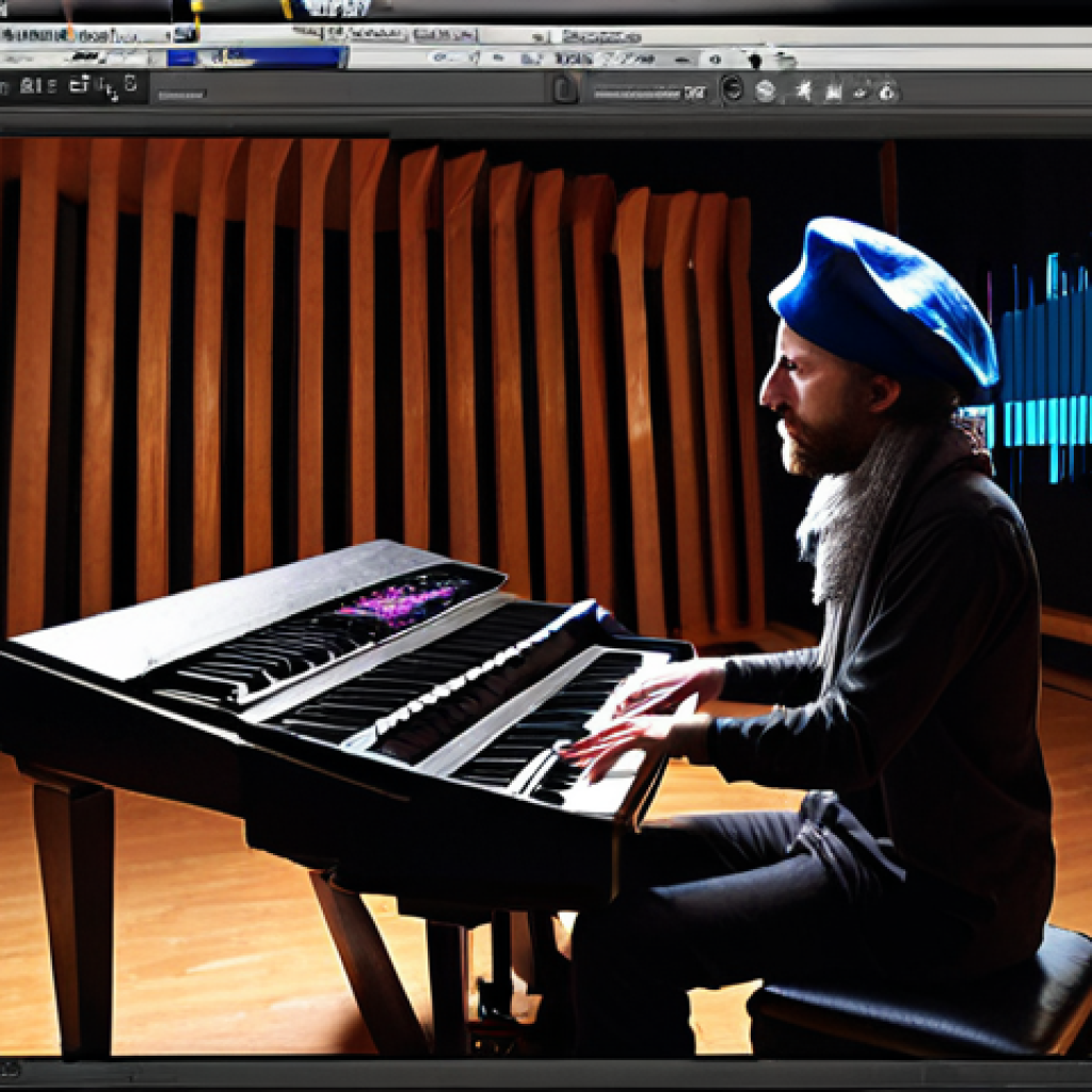 The Sonic Alchemist**
A composer in their studio, surrounded by both traditional acoustic instruments (a piano, a cello) and modern digital music production equipment (DAW on a large monitor, MIDI keyboard). They are experimenting with unusual sound sources – perhaps a gamelan instrument or a throat singing sample visualized on a waveform display. The overall feel is creative, exploratory, and a bit unconventional. The lighting is warm but focused, highlighting the act of sonic discovery. Emphasize a "French touch" aesthetic, maybe with a Beret or scarf subtly present.
**