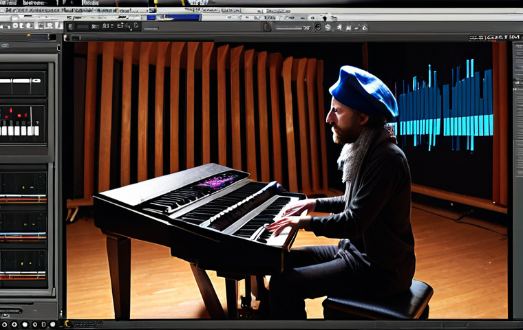 The Sonic Alchemist**

A composer in their studio, surrounded by both traditional acoustic instruments (a piano, a cello) and modern digital music production equipment (DAW on a large monitor, MIDI keyboard). They are experimenting with unusual sound sources – perhaps a gamelan instrument or a throat singing sample visualized on a waveform display. The overall feel is creative, exploratory, and a bit unconventional. The lighting is warm but focused, highlighting the act of sonic discovery.  Emphasize a "French touch" aesthetic, maybe with a Beret or scarf subtly present.

**