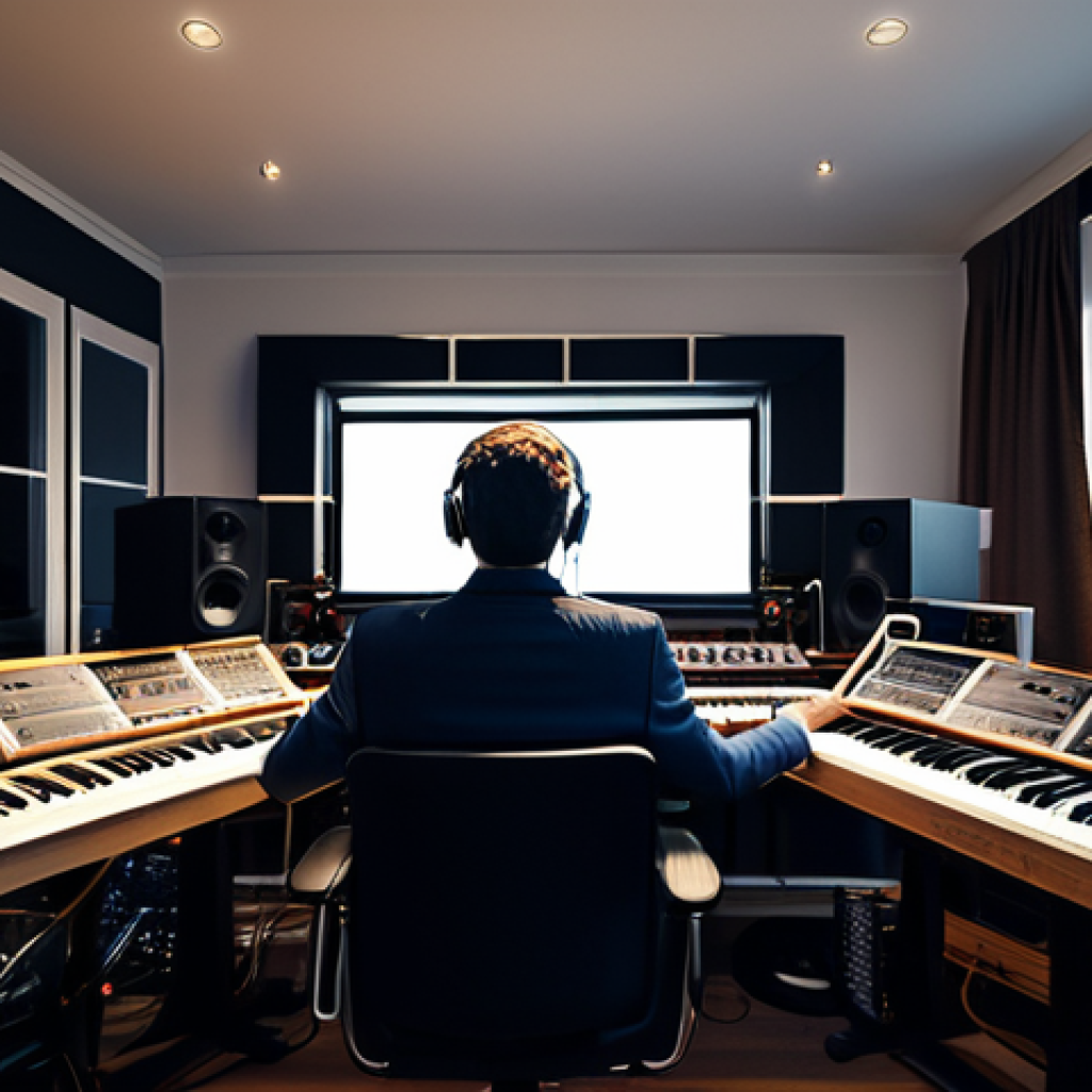 **
"A composer in a modern home studio, surrounded by digital music equipment and acoustic instruments, fully clothed, professional attire, safe for work, appropriate content, perfect anatomy, natural proportions, focused expression, well-lit, high quality, family-friendly, showcasing a blend of technology and musical creativity."
**