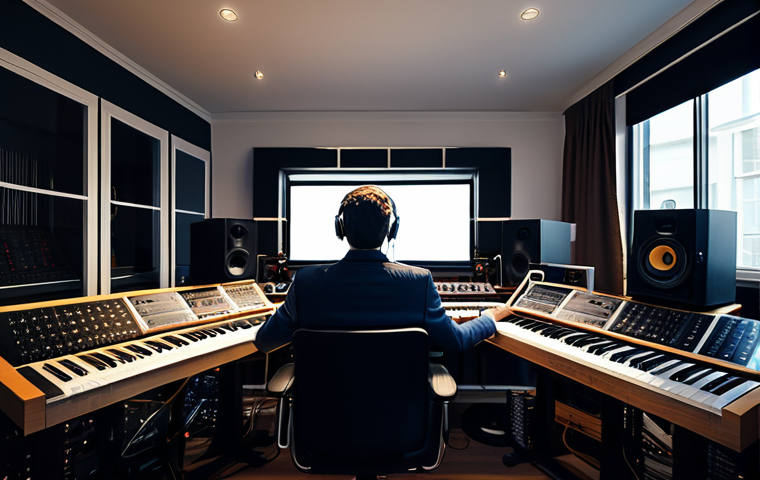 **

"A composer in a modern home studio, surrounded by digital music equipment and acoustic instruments, fully clothed, professional attire, safe for work, appropriate content, perfect anatomy, natural proportions, focused expression, well-lit, high quality, family-friendly, showcasing a blend of technology and musical creativity."

**