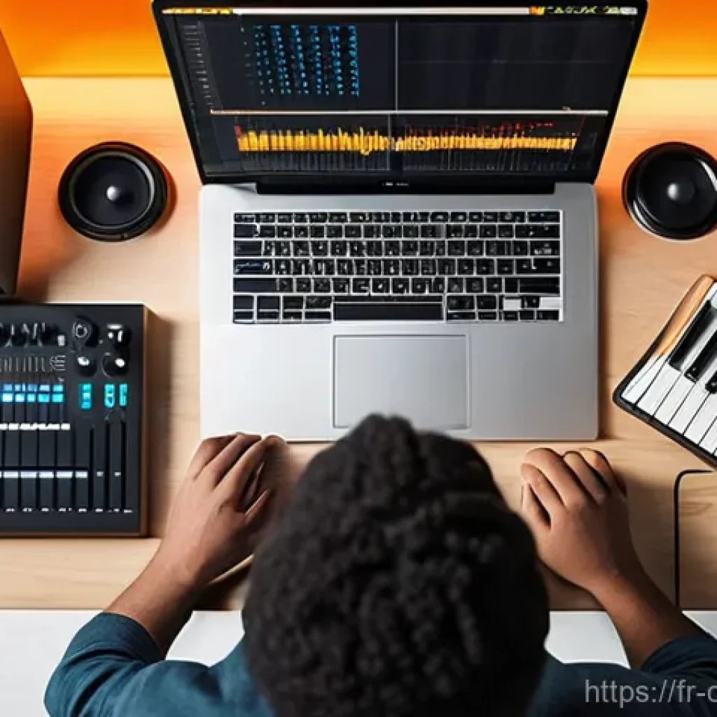 작곡가의 경력 진로 매핑 - **Prompt:** "A highly detailed, professional overhead shot of a modern, well-organized home music st...