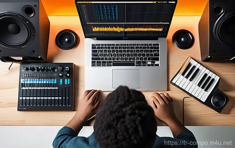 작곡가의 경력 진로 매핑 - **Prompt:** "A highly detailed, professional overhead shot of a modern, well-organized home music st...