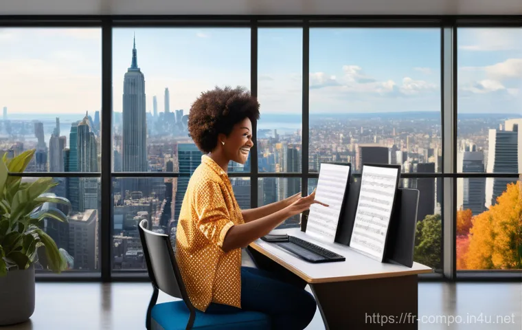 작곡가의 경력 진로 매핑 - **Prompt:** "A highly detailed, professional overhead shot of a modern, well-organized home music st...