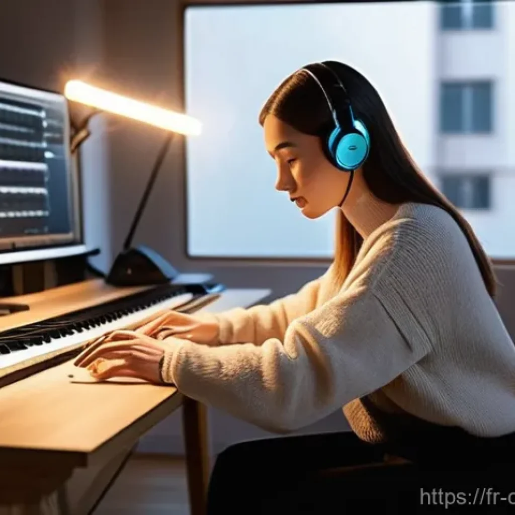 작곡가 창작환경 개선하기 - **Prompt 1: AI-Enhanced Creative Flow in a Modern Studio**
"A female music composer, in her late...