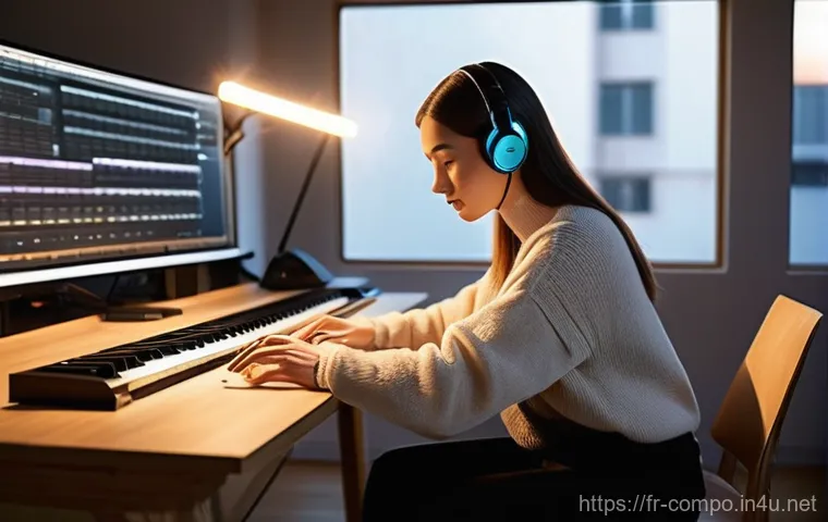 작곡가 창작환경 개선하기 - **Prompt 1: AI-Enhanced Creative Flow in a Modern Studio**
"A female music composer, in her late...