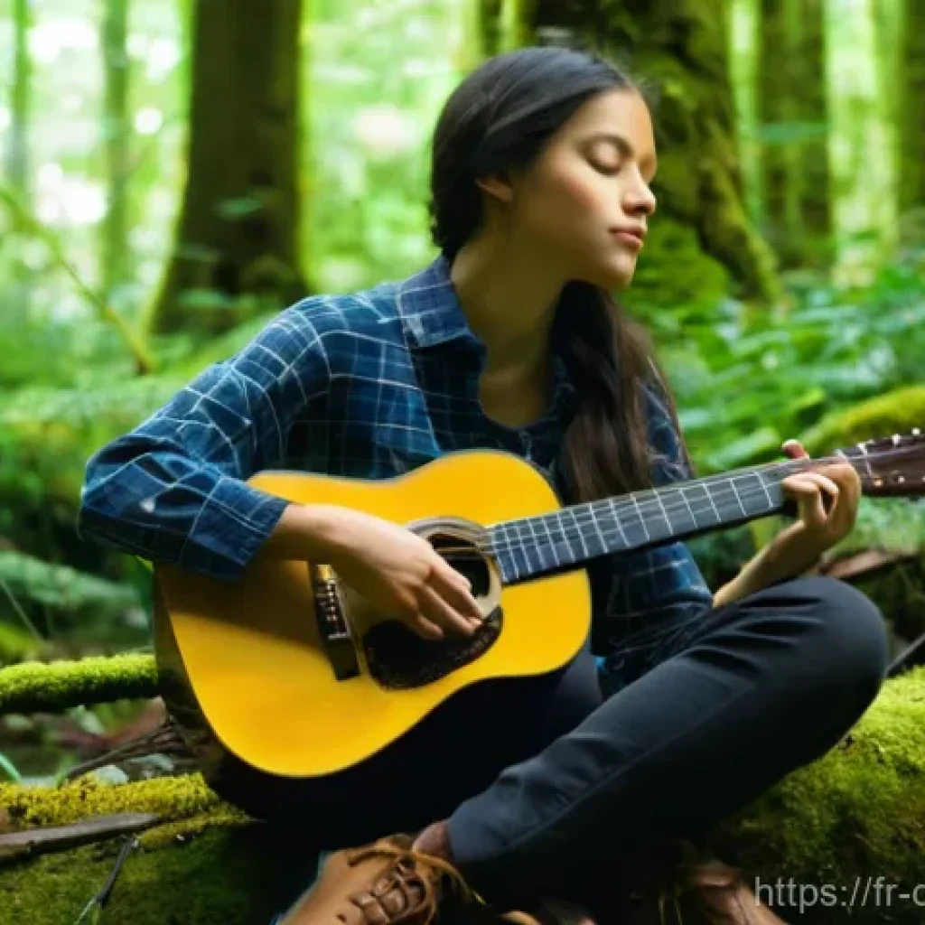 작곡가의 음악적 영감 찾기 - **Nature's Symphony:** A young female musician, appearing to be in her late teens or early twenties,...