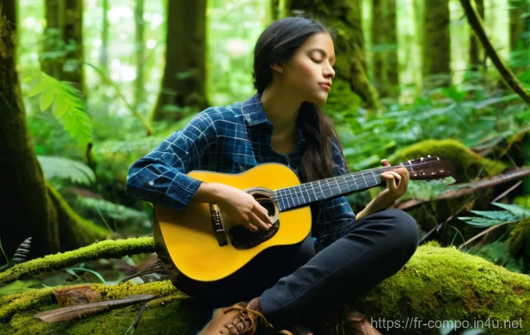 작곡가의 음악적 영감 찾기 - **Nature's Symphony:** A young female musician, appearing to be in her late teens or early twenties,...