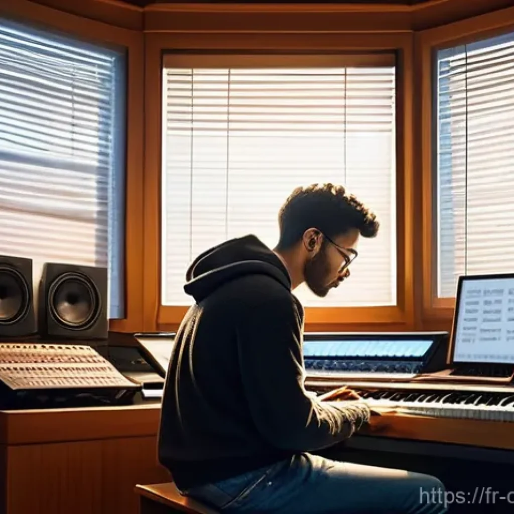 작곡가 연봉 협상 전술 - The Composer's Reflection**
A detailed, cinematic image of a focused musician in their warm, slightl...