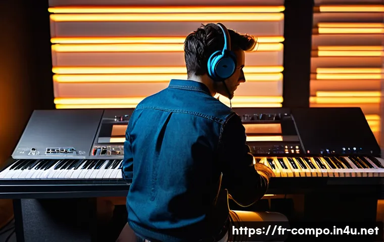 작곡가로서의 창의적 작업 방식 - **Prompt Title: "The Creative Spark in a Hybrid Studio"**
A musician, fully clothed in comforta...